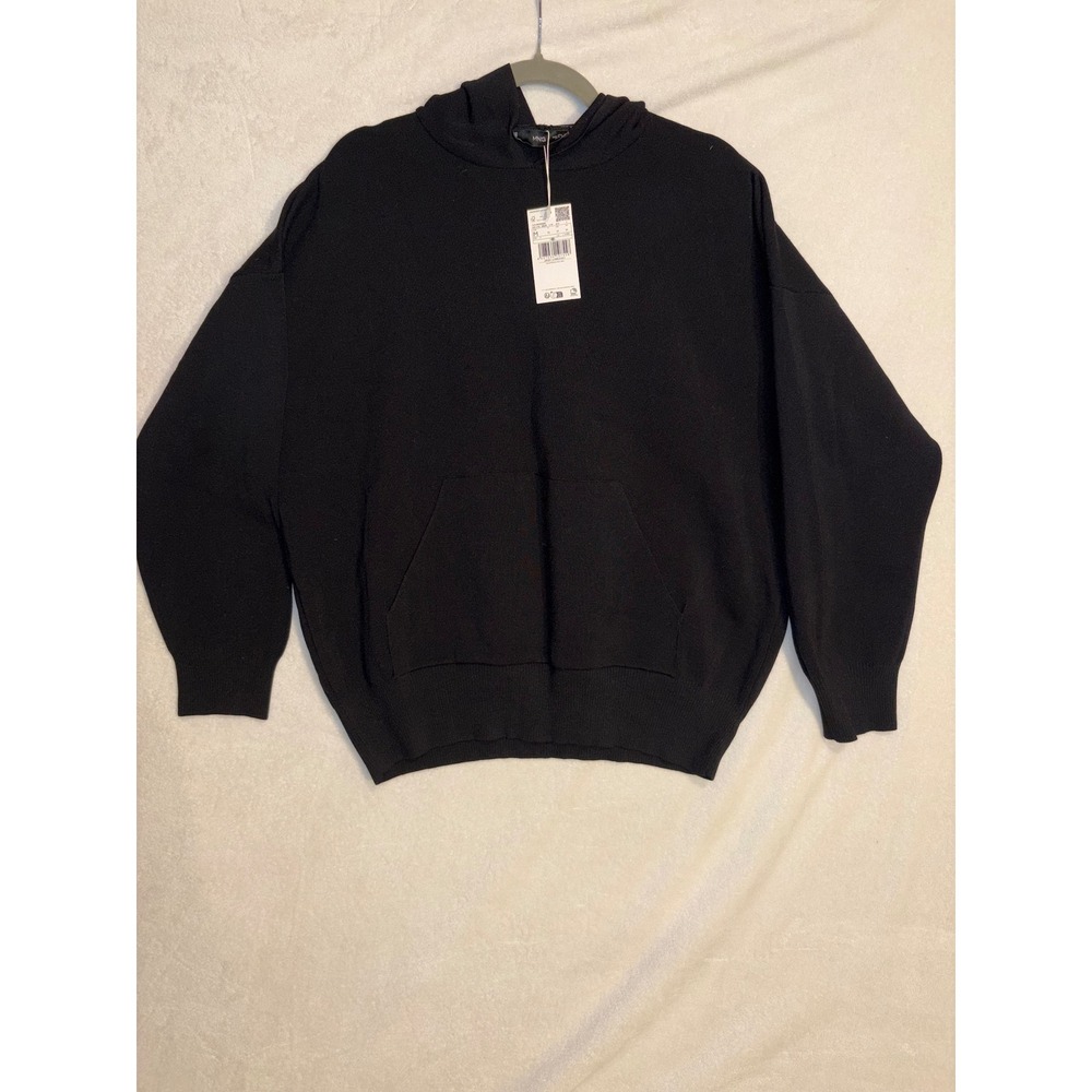 Mango MNG Black Knit Hoodie Oversized minimalist Sweater kangaroo pocket NWT